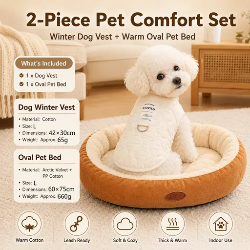 Winter Pet Care Bundle - L Size 42*30cm Beige Quilted Dog Vest with Leash Ring and L Size 60*75cm Coffee-colored Oval Arctic Fleece Bed - Warm Cotton Outerwear, Plush Sleep Nest for Small Dogs and Cats