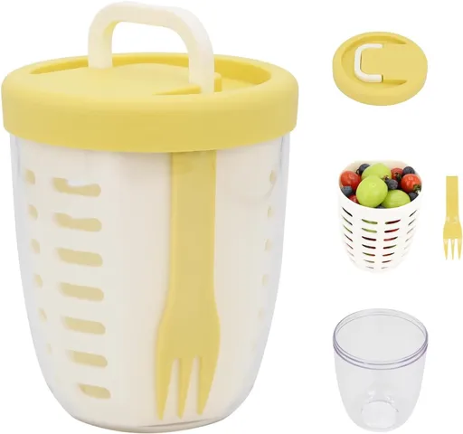Fruit Bowl - Salad Bowl - Leakproof reusable food container with lid and draining basket - Suitable for work, school, and travel. - 650 ml (Yellow)