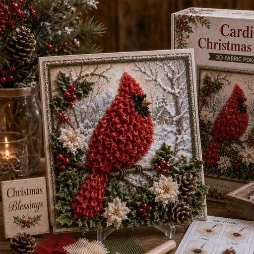 Cardinal 3D Fabric Poke Art Kit - 20 x 20cm No Sew DIY Craft Set with Pre Cut Fabric and Poking Tool, Christmas Handmade Decor and Gift Activity