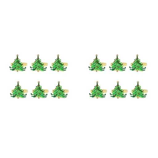 12Pcs Green Chirstmas Tree Napkin Rings,Golden Rings Designed with Red and for Christmas Dinning Table