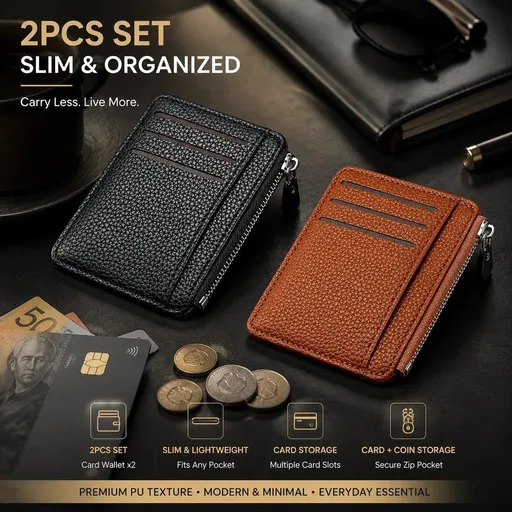 Black & Brown Vertical Card Holder 2 Pack Lychee Grain Zipper for Daily Commute