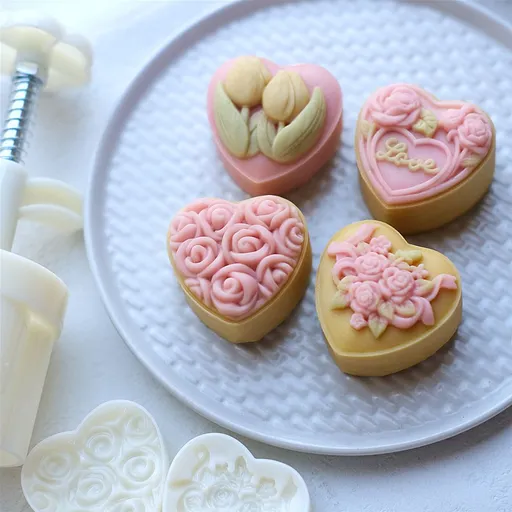 Mooncake Mold 50g- Cookie Stamps Plastic Hand Press Love Heart Tulip Roses Shape Kitchen Gadgets DIY Baking Pastry Tool