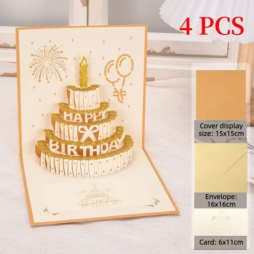 4-Pack - Gold Foil Cake 3D Pop-Up Birthday Cards, Creative Papercut Foldable Greeting Gift Cards - Gold