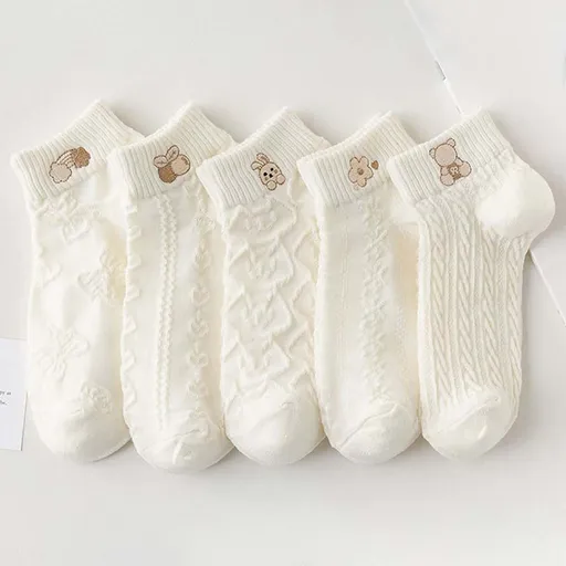 5-Pair White Series Ankle Socks, Women's Cute Socks - Printed Socks - House Socks - Casual Socks.