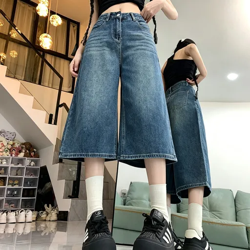 Women's High Waisted 7-Point Straight Jeans Loose Casual Wide Leg Denim Pants Retro Blue M Popular Christmas Holiday Gift