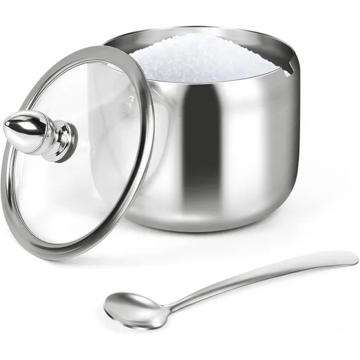 1 PACK Household Salt Pot with Spoon,Thickened Stainless Steel Seasoning Jar,Coffee Bean Jar with Glass Lid,Commercial Chili Oil Seasoning Container,Multi-Purpose Seasoning Box for Restaurant