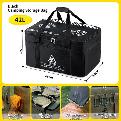 42L Collapsible Outdoor Tactical Organizer, Oxford Fabric Large Capacity Camping Gear Storage Bin with Waterproof PVC Base & Hanging Webbing for Picnic, Hiking, Camping & Kitchen Utensils, Black 48 x 27 x 33cm
