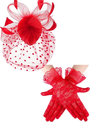 50s Fascinators for Women Funeral Veil Tea Party Hat and Gloves Pillbox Cocktail Hat