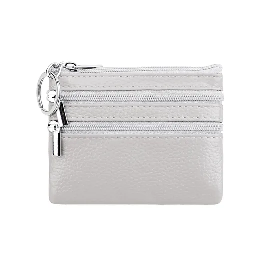 Genuine Leather Coin Purse Mini Wallet with Triple Zipper Pockets Key Ring Holder Pouch for Cash & Cards - Medium Gray
