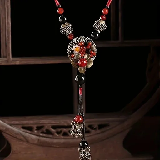 Bohemian Style Long Necklace Retro Beads Metal Carved Flowers Adjustable 86cm Chain