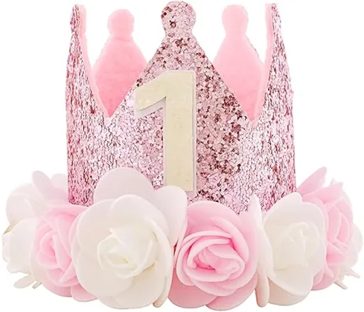 Birthday Hat - Perfect for a girl's first birthday - Rose Gold Party Crown - 3-inch Floral Princess Pink