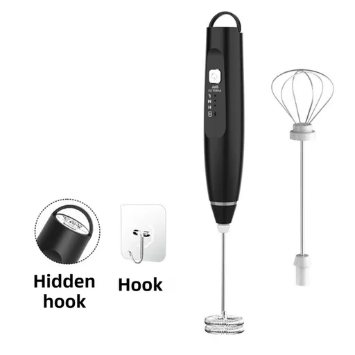 Black Wireless 3-Speed Milk Frother & Egg Whisk with Dual Mixing Heads & Hidden Hook - Handheld USB Rechargeable Foam Maker for Coffee, Cream & Baking
