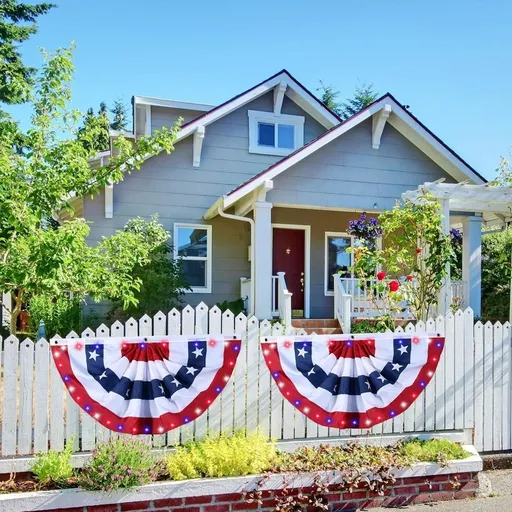 LED Patriotic Pleated Fan Flag, 4th of July Lighted Bunting Banner, Weather Resistant USA Decor for Outdoor Home, 35.4x17.7in