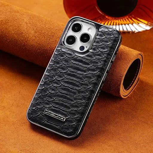 snake-pattern leather phone case, fingerprint-resistant phone case, high-end leather phone case, stylish phone case, durable phone case, Australia - Black - Size iPhone 16