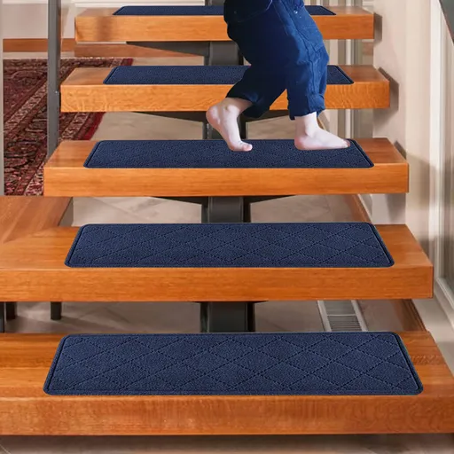 4-Piece Non-Slip Stair Treads, Self-Adhesive Striped Carpet Mats, Absorbent & Quiet Step Pads, Can Be Cut to Fit, Washable for Indoor Staircase Safety\u200b\u200b Navy