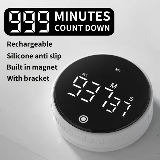 Rotating Digital Kitchen Timer, 999-Minute LED Display Timer with Magnetic Back & Stand, Type-C, for Studying and Exercising—White