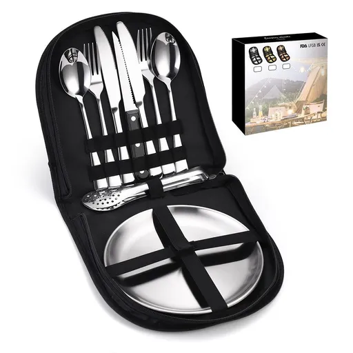 10Pcs Portable Camping Cutlery Set, Stainless Steel Picnic Utensils with Plates and Bottle Opener, Portable Cooking Utensils for 2, for Camping, Picnic, Outdoor Hiking