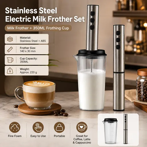 Stainless Steel Electric Milk Frother Set - 3-Speed USB Rechargeable Handheld Mixer with 350ml Jug - Latte Art, Matcha, Cold Brew, Compact Kitchen Tool