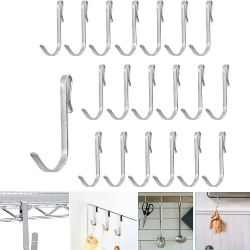 20 Pcs 2.4in Long J-Hook for Wire Shelving, Wire Rack Hook, Stainless Steel Hanger Clip-on Hooks, Hanging Sink Grid Hook, Heavy Duty Utility Hooks for Kitchen Bedroom Office, Silver White