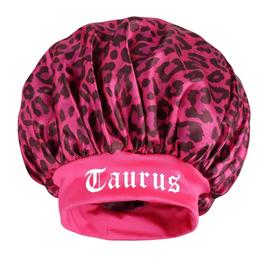 Taurus -Rose Red Leopard Print Satin Sleep Bonnet - Large Size Hair Protection Cap with Elastic Band, Soft Lined for Curly Hair, Night Wear and Spa Use