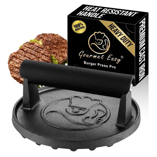 Gourmet Easy Smash Burger Press with Heat Resistant Handle, 2LBS Cast Iron Burger Smasher