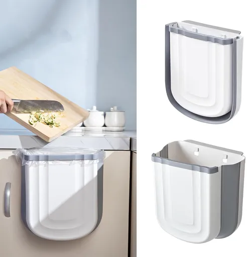 Foldable hanging trash can - Small 2.4 gallon waste bin for countertop and cabinet - Wall-mounted plastic waste bin for kitchen, bathroom, bedroom - Space-saving gray design