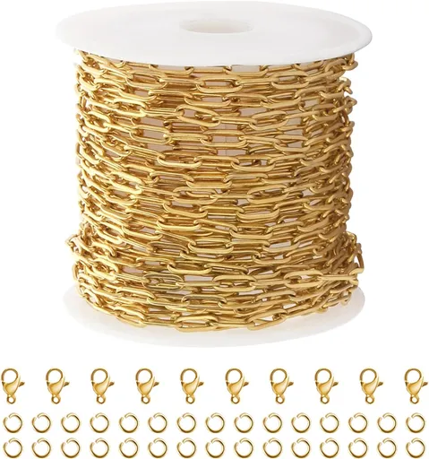 5M Gold PVD Plated Necklace Chain for Jewelry Making 304 Stainless Steel Paperclip Chain Roll with Lobster Clasps and Jump Rings for Men Women Making Jewelry Craft Support Jewelry Findings