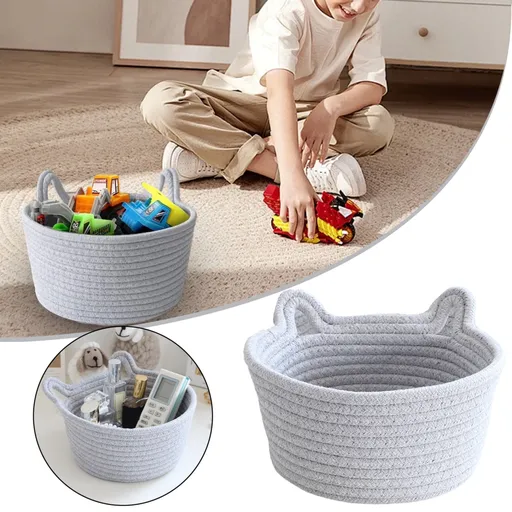 1 Piece Small Cat Ears Toy Organizer, Woven Cotton Rope Basket, Decorative Nursery Bins & Boxes Gift Basket Empty for Pet Toy, Grey, 22 x 15 x 14 cm
