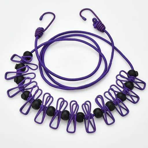 Purple Portable Windproof Travel Clothesline and Velvet Storage Bag - 1.8M to 4M High Elastic Travel Laundry Line with 12 Clips & 13 Positioning Beads to Prevent Clothes Tangling