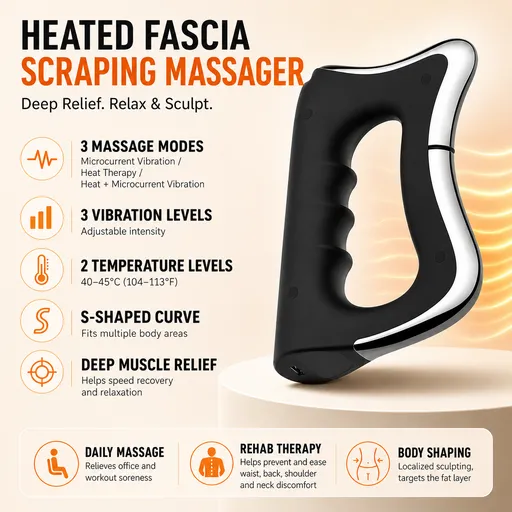 Black Wireless Heated Fascia Massager with 3 Levels Microcurrent Vibration and 2 Levels Heating Therapy, Ergonomic Curved Scraping Blade Design for Full Body Muscle Relaxation & Fat Reduction
