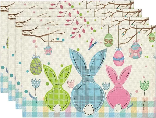 Buffalo Plaid Bunny Egg Carrot Easter Placemats Set of 4, 12x18 Inch Seasonal Spring Table Mats for Party Kitchen Dining Decoration