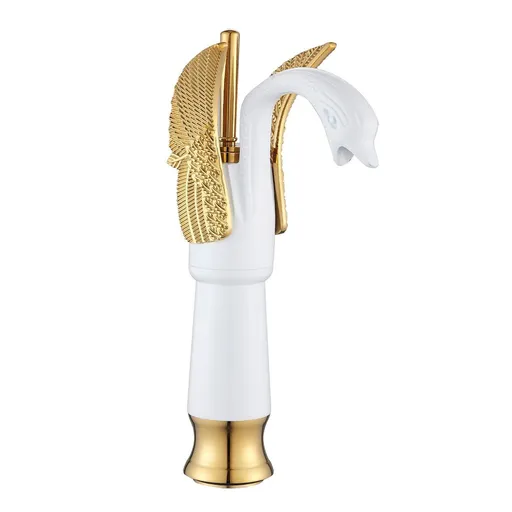 Swan-Shaped Single-Handle Single-Hole Vessel Faucet – Deck-Mounted Bathroom Sink Faucet, Tall Model, Elegant Vanity Faucet - White-Gold - Size 33cm