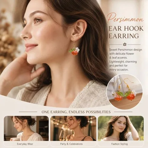 Soft Harvest Hook Earrings, Transparent Persimmon Single Flower Leaf, Sold In Pairs