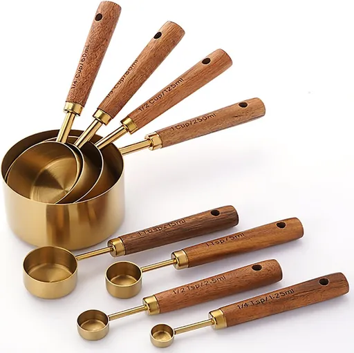 Measuring Cups and Spoons Set of 8, Stainless Steel Gold Measuring Cups Kit with Wooden Handle, Kitchen Coing Baking Spoons Tool Set for Solid and Liquid Iingredients