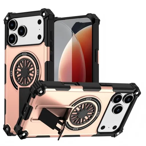 Armor Heavy Duty Magnetic Rotating Ring Kickstand Phone Case For iPhone 15 Pro Max, Anti-Drop Protective Cover In RoseGold