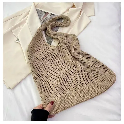 Shallow khaki rhombus Bohemian Knit Shoulder Bag - Hand-Woven Crochet Tote for Women