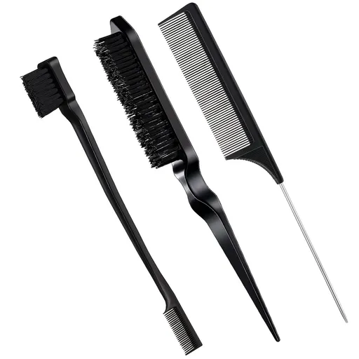 3PCS Slick Back Hair Brush Set with Edge Brush, Bristle Brush, Rat Tail Comb, Teasing Brush Set for Smoothing Baby Hair & Flyaways