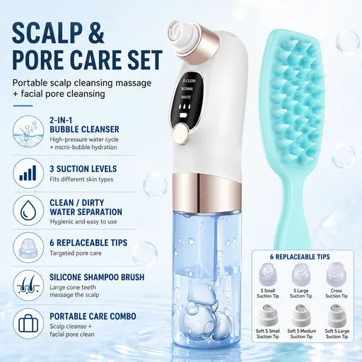 Microbubble Oxygen Hydration Facial Pore Cleanser and Blue Silicone Scalp Massage Scrubber Set with Waste Separation Design, 3 Level Vacumn Suction and 6 Replaceable Heads - Full Body Care Routine for Face Pore Cleaning and Scalp Massage