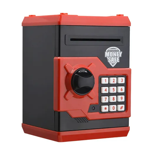 Black and Red Electronic Password Piggy Bank — An ATM-style automatic money-rolling safe featuring a digital keypad lock, 4-digit password security, and a coin slot. Powered by three AA batteries (not included), this educational and development