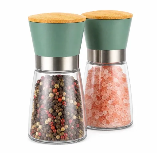 2 Pcs Salt and Pepper Grinder Set with Ceramic Core, Bamboo Lid for Kitchen Dining Table and Cooking