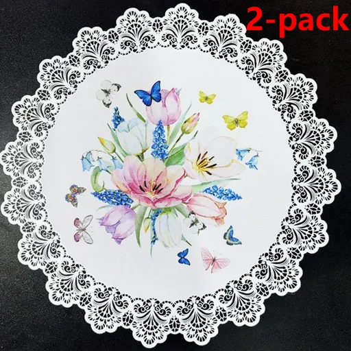 2-Pack Round PVC Lace-Printed Placemats, Waterproof, Oil-Resistant, Heat-Insulating Floral Table Mats - Tulip Pattern