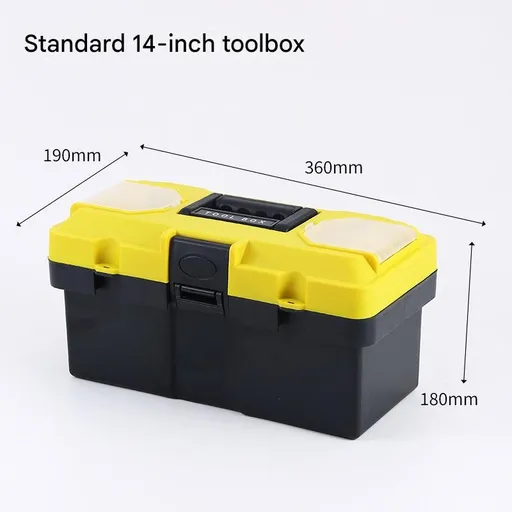 14-inch Yellow and Black Heavy Duty Plastic Toolbox - PP Material with ABS Latches - Lockable, Large Capacity, Double Layer, Organized Storage, for Home Repair, Automotive, Construction, Outdoor Use