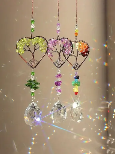 1PC Rainbow Sun Catcher Tree Of Life Heart Shaped Ornament Chakra Wheel Stone Window Ball Prism Hanging Garden Home Car Decoration Wall Decor B Ideal Valentine s Day Gift