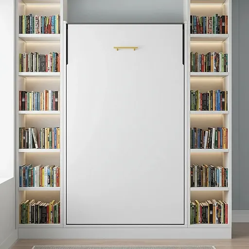 Single Wall Bed in White Gloss – Space Saving Murphy Bed Kit with Gold Door Handle
