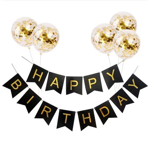 Black Happy Birthday Banner, Black Happy Birthday Bunting Banner Sign with 5 PCS Gold Confetti Balloons, Birthday Party Banner