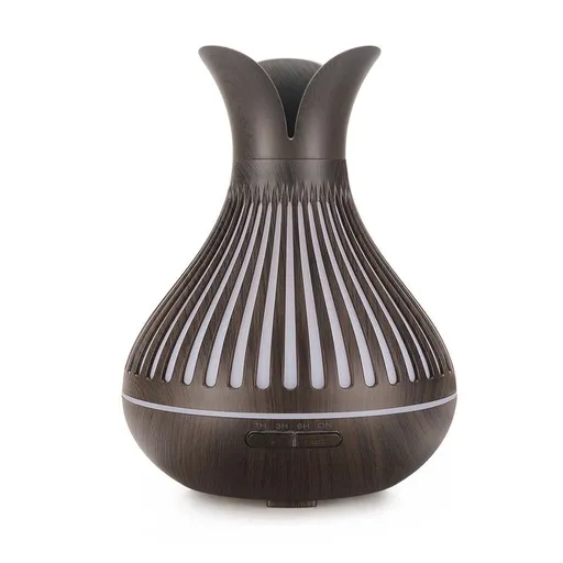 Wood Grain Flower Vase Diffuser and Humidifier, 7-Color LED Light, Timer, and Remote Control, 500 mL Ultrasonic Aroma Diffuser—Dark Wood