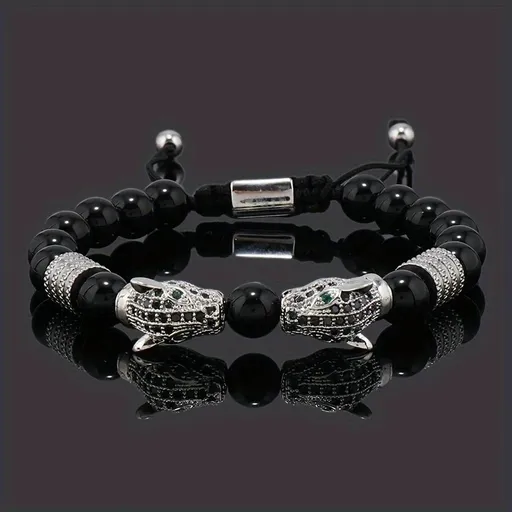 silver Leopard Print Men's Bracelet: Polished Black Stone Beads with Inlaid Diamond Leopard Head, 175-200mm Adjustable, Embodying Wild and Sophisticated Wrist Fashion.