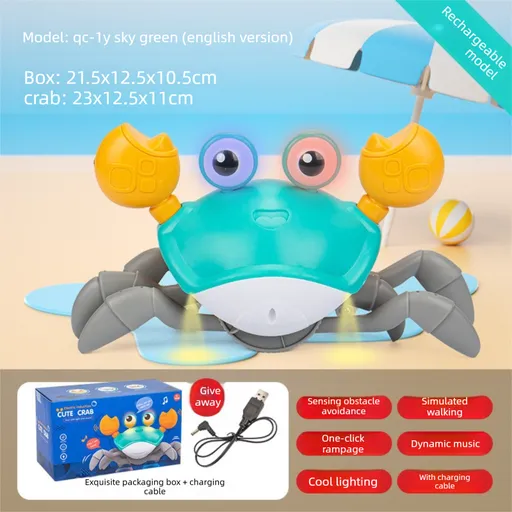 Electric Induction Crawling Crab Baby Toy Interactive Obstacle Avoidance Moving Pet with Music & Light USB Rechargeable Tummy Time Gift Sky Green