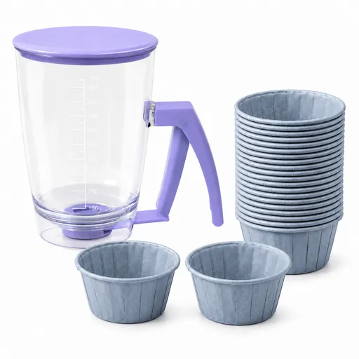 Handheld Batter Dispenser - 900ml with 50 Blue Cupcake Liners for Baking, Cake Making and Dessert Preparation
