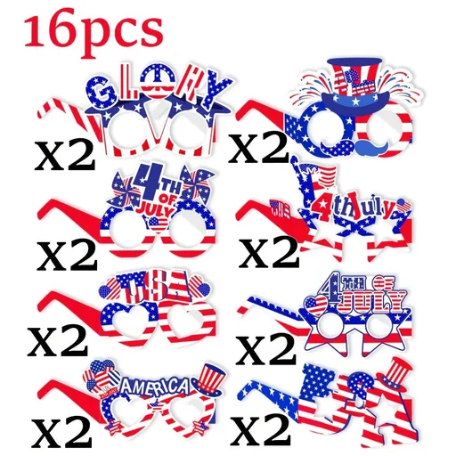 16pcs American Flag Glasses, USA Patriotic Party Glasses for July 4th, Independence Day, Memorial Day, Fun Photo Booth Props & Party Favors, 16 Paper Glasses